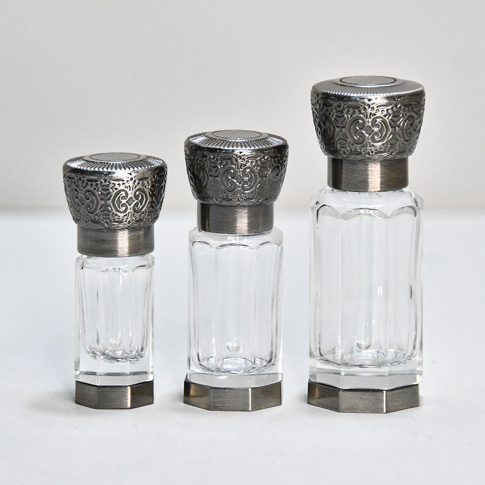 3ml 6ml 12ml Luxurious Zinc Alloy Screw Cap Arab Arabian Octagonal Tola Polished Clear Glass Essential Oil Bottles