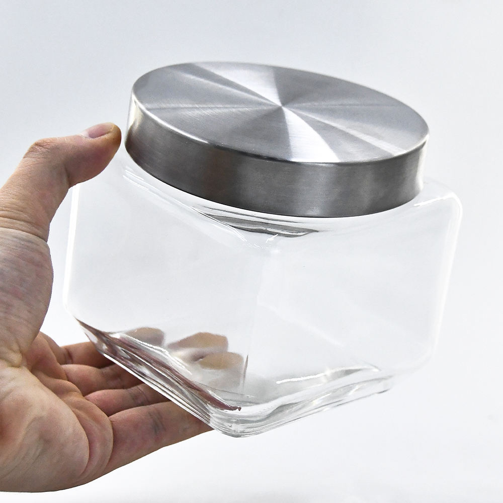 New Fashion Design Kitchen Straight Round Storage Glass Container Food Storage Jar Square Lid