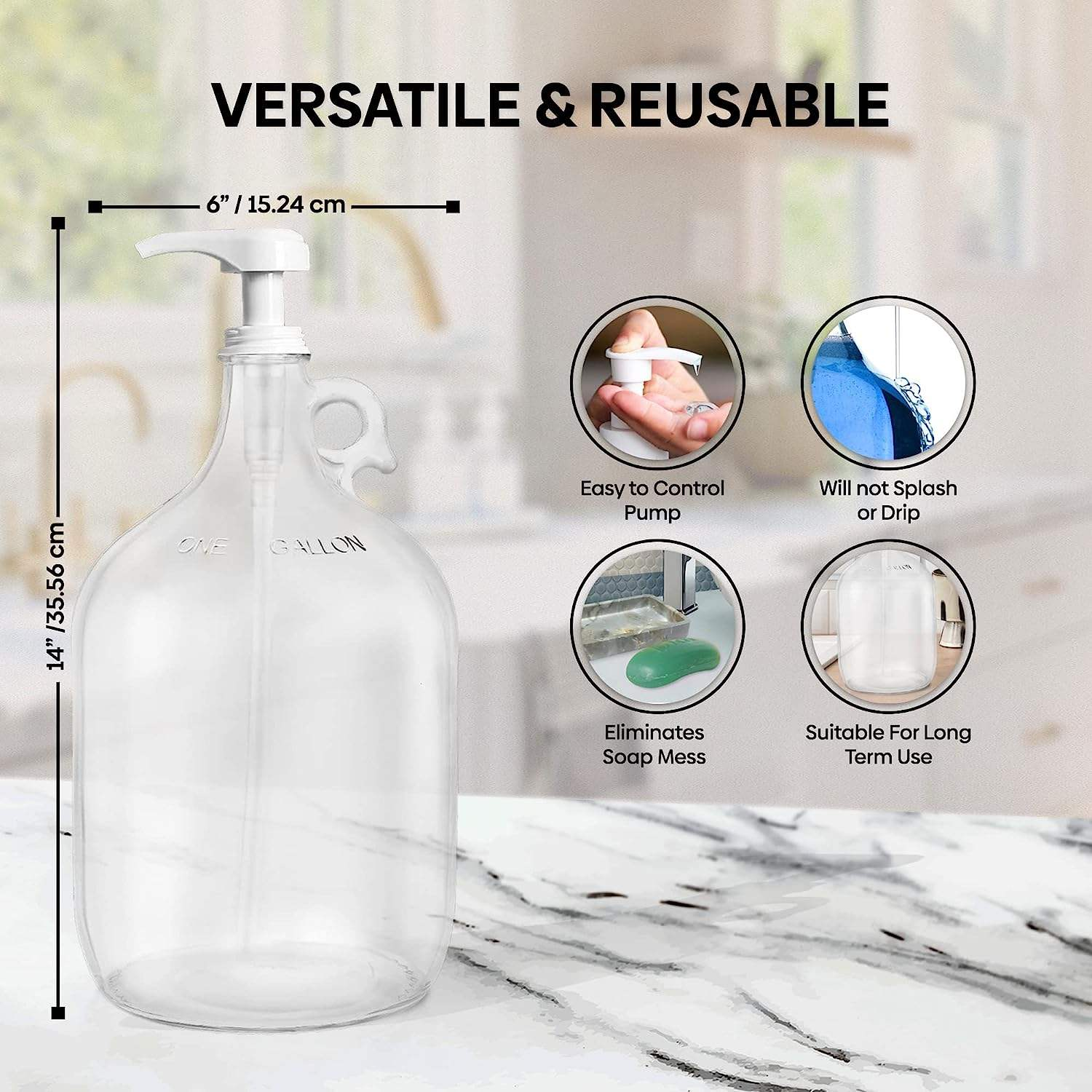 1G Clear Glass Jug W/Pump (1 Pack) Laundry Liquid Detergent Dispenser Laundry Room Laundry Detergent Dispenser 1Gallon Glass Jar