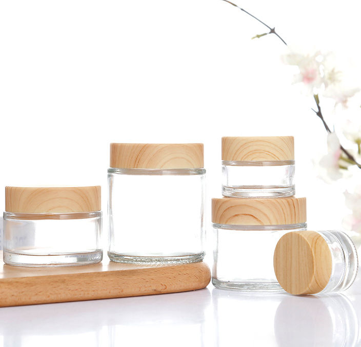 5g 15g 30g 50g 100g clear Green Amber Cosmetic Frosted Glass Jars Bamboo Packaging with Bamboo Lid