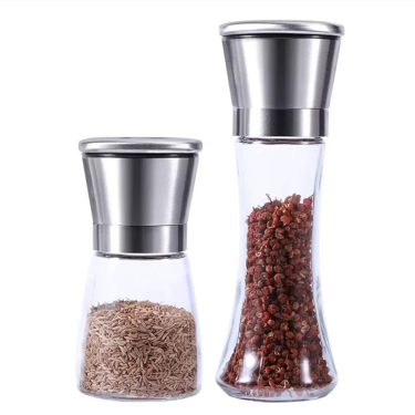 170ml 180ml Eco-Friendly Spice Mill Shaker Salt Pepper Glass Bottle With Stainless Steel Grinder for Kitchen Packaging
