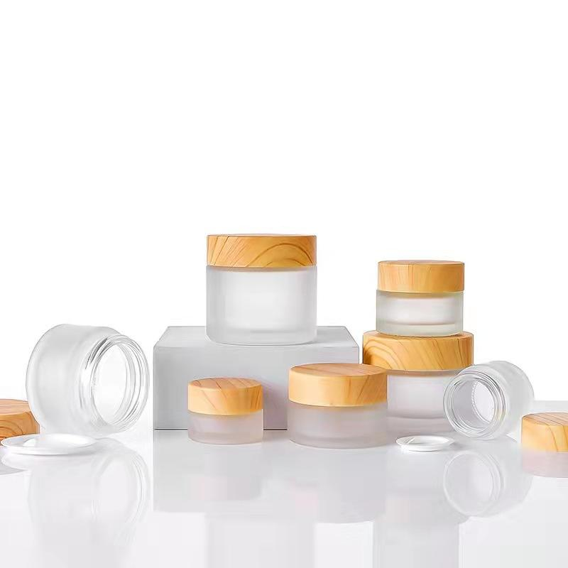 5g 15g 30g 50g 100g clear Green Amber Cosmetic Frosted Glass Jars Bamboo Packaging with Bamboo Lid