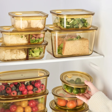 Wholesales Amber Round Square Heat-resistant Glass Lunch Boxes Household Glass Bento Boxes Food Storage Preservation Glass Containers