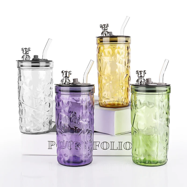 350ml 400ml Colorful Cartoon Bear Lid Hammer Patterned Coffee Juice Water Glass Bottle for Household Office Glass Drinkware