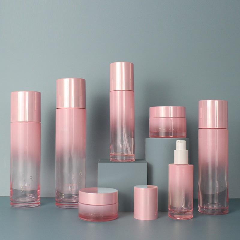 Fashion Gradient Rose Pink Color Cosmetic Glass Bottle Set Skincare Essence Serum Bottle Glass Cosmetic Jar
