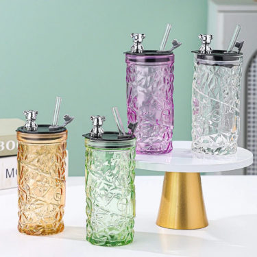 350ml 400ml Colorful Cartoon Bear Lid Hammer Patterned Coffee Juice Water Glass Bottle for Household Office Glass Drinkware