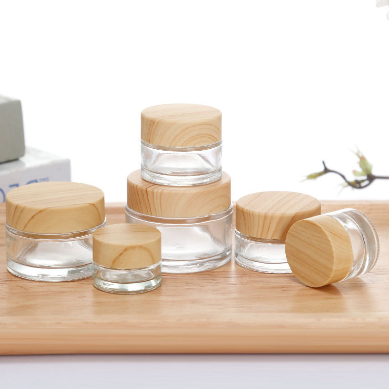 5g 15g 30g 50g 100g clear Green Amber Cosmetic Frosted Glass Jars Bamboo Packaging with Bamboo Lid