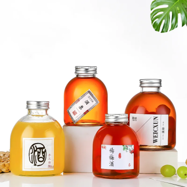 250ml 350ml 500ml Round Flat Bottom Transparent Glass Beverage Bottles with Screw Caps Screen-printed