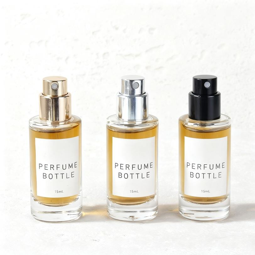 Sleek Compact Transparent Glass Perfume Bottle Glossy Silver Black Caps Minimalist Label Spray Pump Durable Portable