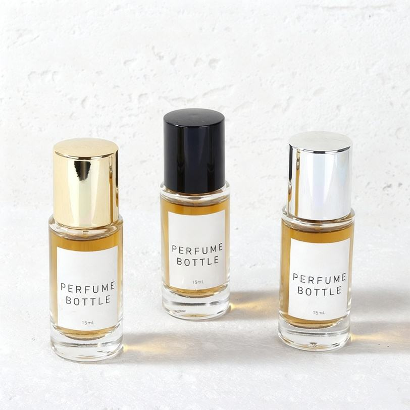 Sleek Compact Transparent Glass Perfume Bottle Glossy Silver Black Caps Minimalist Label Spray Pump Durable Portable