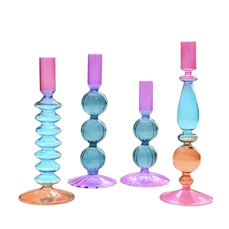 Creative Colorful New Color Purple Blue Glass Candle Holder Glass Candlesticks for Home Wedding Decoration