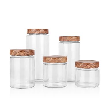 370ml 450ml 570ml 800ml 1060ml Cylindrical glass food storage jar with custom 82mm deep faux wood printing lid for jam honey sauce