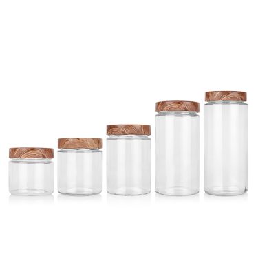 370ml 450ml 570ml 800ml 1060ml Cylindrical glass food storage jar with custom 82mm deep faux wood printing lid for jam honey sauce