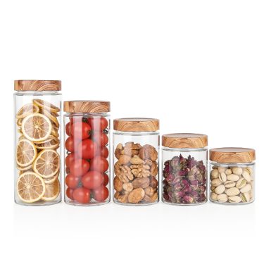 370ml 450ml 570ml 800ml 1060ml Cylindrical glass food storage jar with custom 82mm deep faux wood printing lid for jam honey sauce