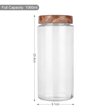 370ml 450ml 570ml 800ml 1060ml Cylindrical glass food storage jar with custom 82mm deep faux wood printing lid for jam honey sauce