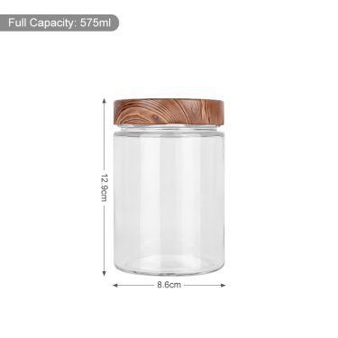 370ml 450ml 570ml 800ml 1060ml Cylindrical glass food storage jar with custom 82mm deep faux wood printing lid for jam honey sauce