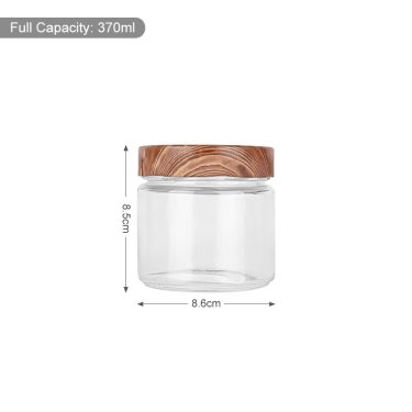 370ml 450ml 570ml 800ml 1060ml Cylindrical glass food storage jar with custom 82mm deep faux wood printing lid for jam honey sauce