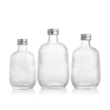Factory Direct Sales 50ml 100ml 250ml 350ml 500ml Clear Flat Square Glass Fruit Wine Bottles with Glacier Pattern Embossed Glass Beverage Bottles