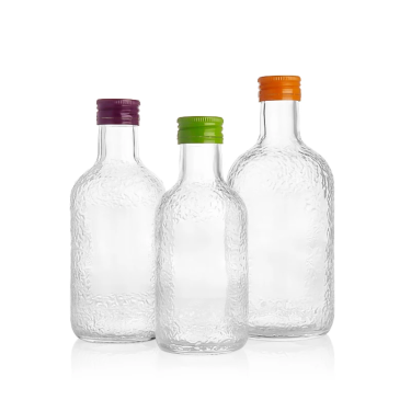 250ml 350ml 500ml Creative Embossing Transparent Round Small Mouth Glass Drinking Bottle For Juice Milk Tea Fruit Wine Spirits with Colorful Aluminum Cap