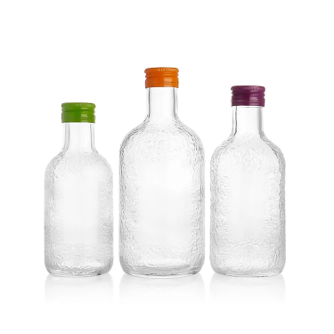 250ml 350ml 500ml Creative Embossing Transparent Round Small Mouth Glass Drinking Bottle For Juice Milk Tea Fruit Wine Spirits with Colorful Aluminum Cap