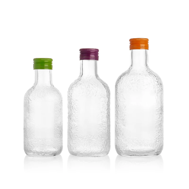250ml 350ml 500ml Creative Embossing Transparent Round Small Mouth Glass Drinking Bottle For Juice Milk Tea Fruit Wine Spirits with Colorful Aluminum Cap