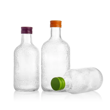 250ml 350ml 500ml Creative Embossing Transparent Round Small Mouth Glass Drinking Bottle For Juice Milk Tea Fruit Wine Spirits with Colorful Aluminum Cap