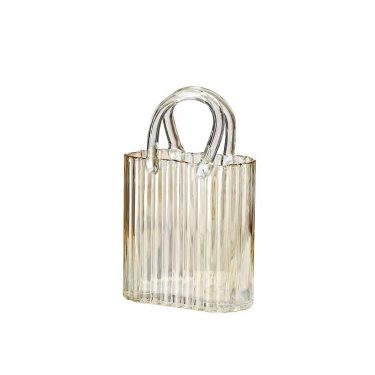 Creative Handbag Shape Transparent Vertical Stripe Embossing Glass Vase Hydroponic Flowers Tabletop Decoration Big Size Glass Vase