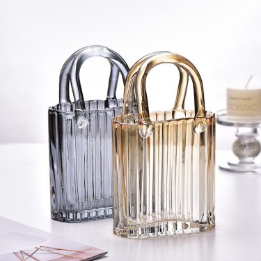 Creative Handbag Shape Transparent Vertical Stripe Embossing Glass Vase Hydroponic Flowers Tabletop Decoration Big Size Glass Vase