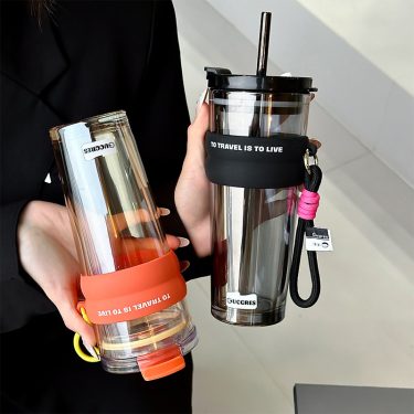 New 520ml large capacity glass water cup transparent amber gray coffee milk juice straw glass bottle