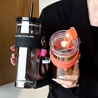 New 520ml large capacity glass water cup transparent amber gray coffee milk juice straw glass bottle