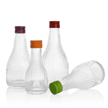 100ml 200ml 250ml 350ml 500ml 750ml transparent striped embossed small-mouth beverage glass bottles for juice wine with screw metal cap