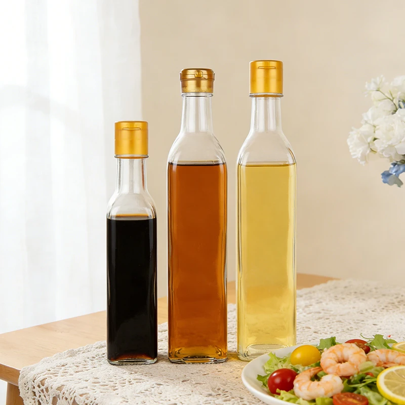 Wholesale 250ml 500ml 750ml1000ml transparent square glass olive oil bottles kitchen soy sauce vinegar sesame oil cooking oil glass bottles