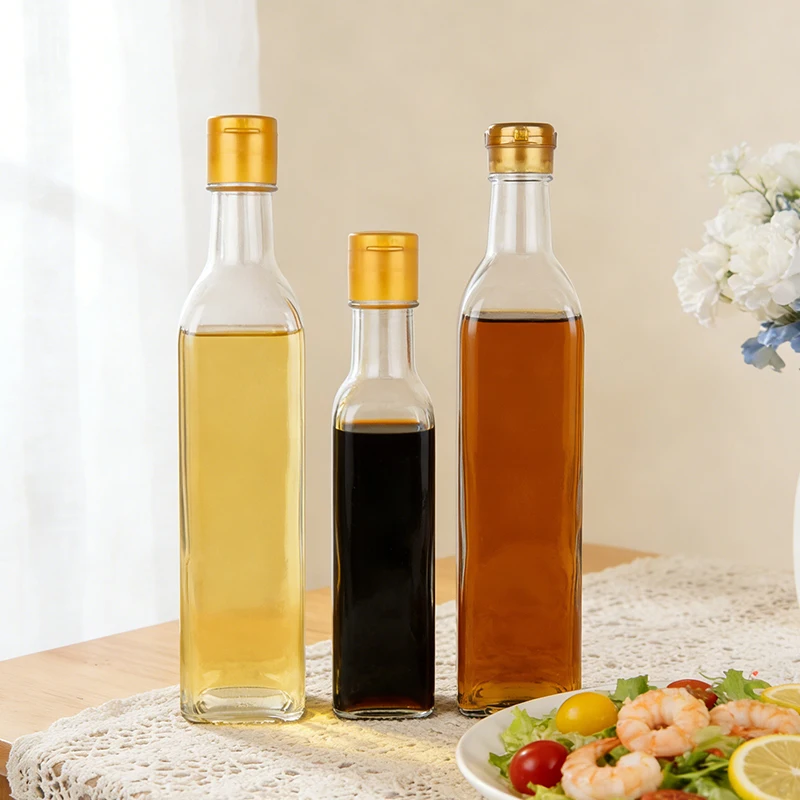 Wholesale 250ml 500ml 750ml1000ml transparent square glass olive oil bottles kitchen soy sauce vinegar sesame oil cooking oil glass bottles