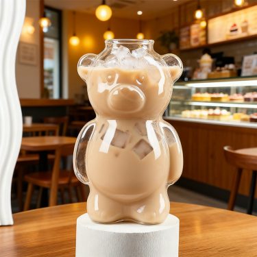 14oz Creative shape little bear glass cup bulk for milk tea milk beverage juice