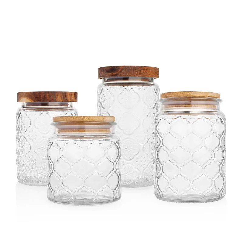 kitchen storage airtight glass bottle begonia flower embossed 500ml 700ml 1000ml transparent glass storage jar for snacks tea