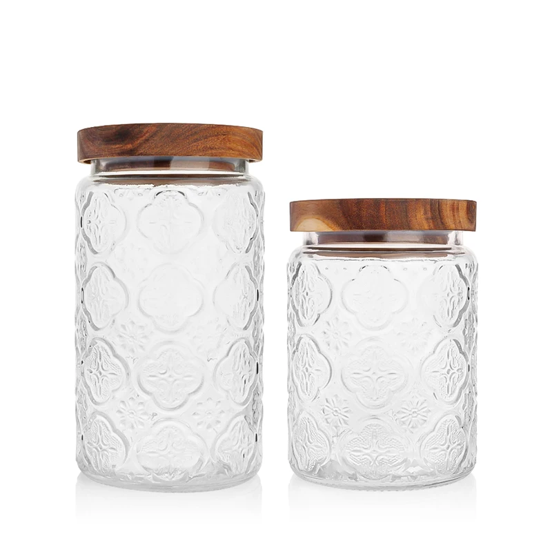 kitchen storage airtight glass bottle begonia flower embossed 500ml 700ml 1000ml transparent glass storage jar for snacks tea