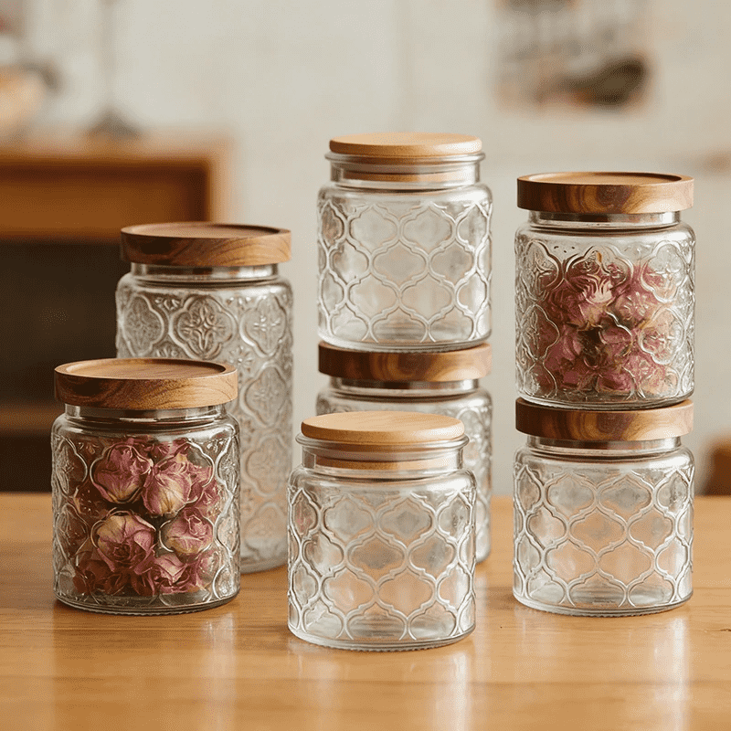 kitchen storage airtight glass bottle begonia flower embossed 500ml 700ml 1000ml transparent glass storage jar for snacks tea
