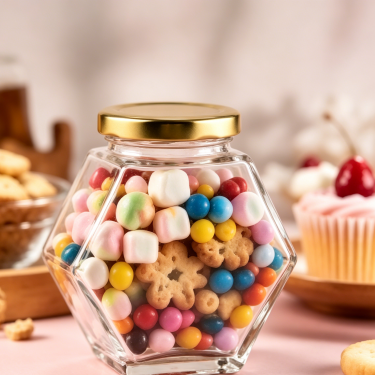Luxury Hexagon Glass Food Storage Jar with Gold Lid Airtight Clear Candy Cookie Tea Kitchen Container