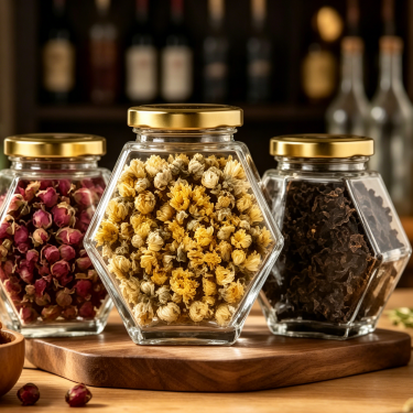 Luxury Hexagon Glass Food Storage Jar with Gold Lid Airtight Clear Candy Cookie Tea Kitchen Container