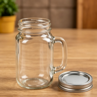 Clear Glass Mason Mug Jar with Handle and Silver Lid Wide Mouth Beverage Container for Juice Smoothie Coffee Tea
