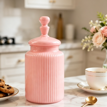 Luxury Pink Ribbed Glass Storage Jar with Lid Decorative Candy Cookie Tea Container Elegant Kitchen Counter Organizer