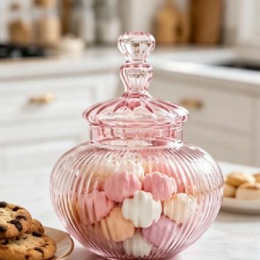 Luxury Pink Ribbed Glass Storage Jar with Decorative Lid Elegant Candy Cookie Jewelry Container for Home Kitchen Decoration