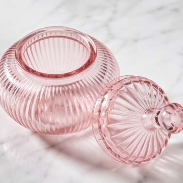 Luxury Pink Ribbed Glass Storage Jar with Decorative Lid Elegant Candy Cookie Jewelry Container for Home Kitchen Decoration
