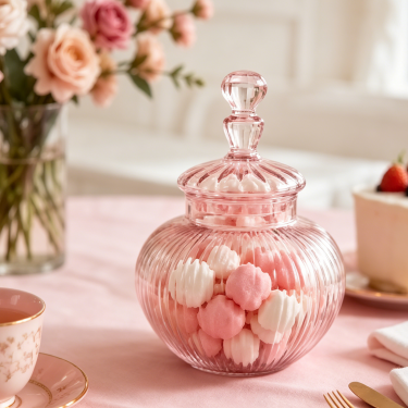 Luxury Pink Ribbed Glass Storage Jar with Decorative Lid Elegant Candy Cookie Jewelry Container for Home Kitchen Decoration
