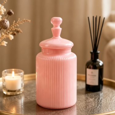 Luxury Pink Ribbed Glass Storage Jar with Lid Decorative Candy Cookie Tea Container Elegant Kitchen Counter Organizer