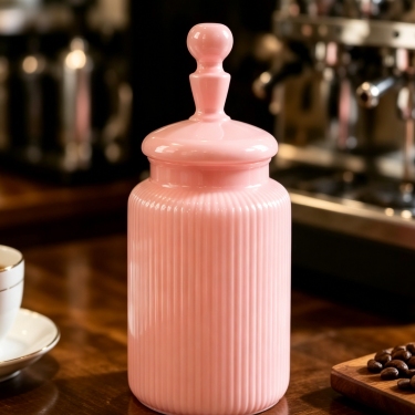 Luxury Pink Ribbed Glass Storage Jar with Lid Decorative Candy Cookie Tea Container Elegant Kitchen Counter Organizer