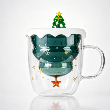 Hand Blown Double Wall Christmas Glass Mug Creative Holiday Coffee Cup with Handle for Tea Cocoa Gift Use