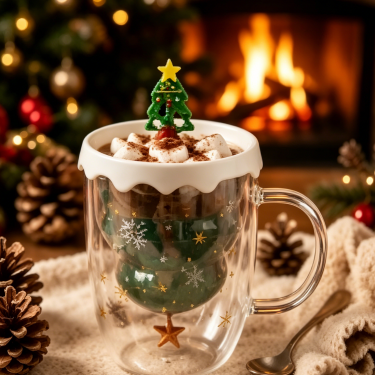Hand Blown Double Wall Christmas Glass Mug Creative Holiday Coffee Cup with Handle for Tea Cocoa Gift Use