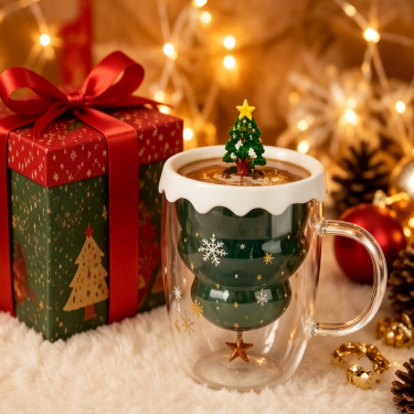 Hand Blown Double Wall Christmas Glass Mug Creative Holiday Coffee Cup with Handle for Tea Cocoa Gift Use