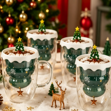 Hand Blown Double Wall Christmas Glass Mug Creative Holiday Coffee Cup with Handle for Tea Cocoa Gift Use
